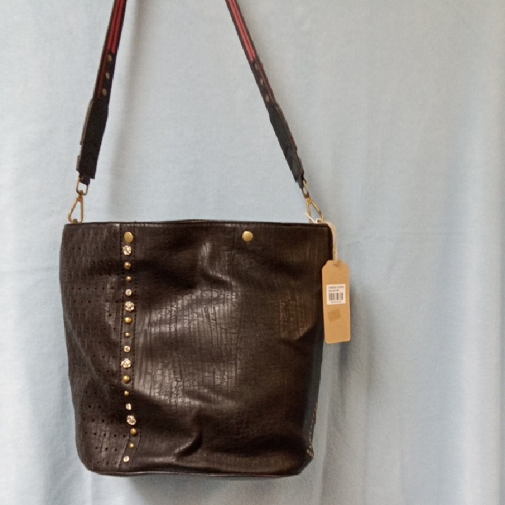 Black Shoulder Bag with Studded Details and Textured Finish